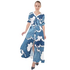 Waves Aesthetics Illustration Japanese Waist Tie Boho Maxi Dress