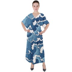 Waves Aesthetics Illustration Japanese V-neck Boho Style Maxi Dress