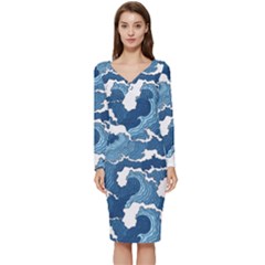 Waves Aesthetics Illustration Japanese Long Sleeve V-neck Bodycon Dress  by Salman4z