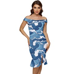 Waves Aesthetics Illustration Japanese Off Shoulder Ruffle Split Hem Bodycon Dress by Salman4z