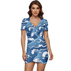 Waves Aesthetics Illustration Japanese Low Cut Cap Sleeve Mini Dress by Salman4z