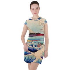 Wave Japanese Mount Fuji Woodblock Print Ocean Drawstring Hooded Dress