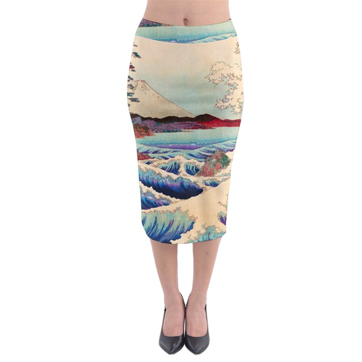 Wave Japanese Mount Fuji Woodblock Print Ocean Midi Pencil Skirt