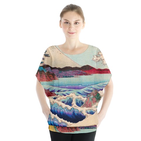 Wave Japanese Mount Fuji Woodblock Print Ocean Batwing Chiffon Blouse by Salman4z