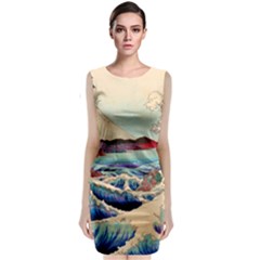 Wave Japanese Mount Fuji Woodblock Print Ocean Sleeveless Velvet Midi Dress