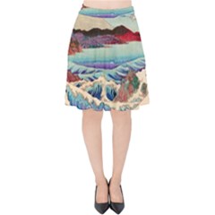 Wave Japanese Mount Fuji Woodblock Print Ocean Velvet High Waist Skirt by Salman4z