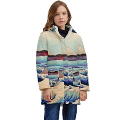 Wave Japanese Mount Fuji Woodblock Print Ocean Kid s Hooded Longline Puffer Jacket