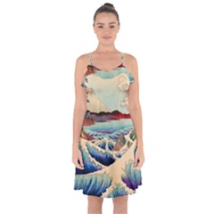 Wave Japanese Mount Fuji Woodblock Print Ocean Ruffle Detail Chiffon Dress by Salman4z