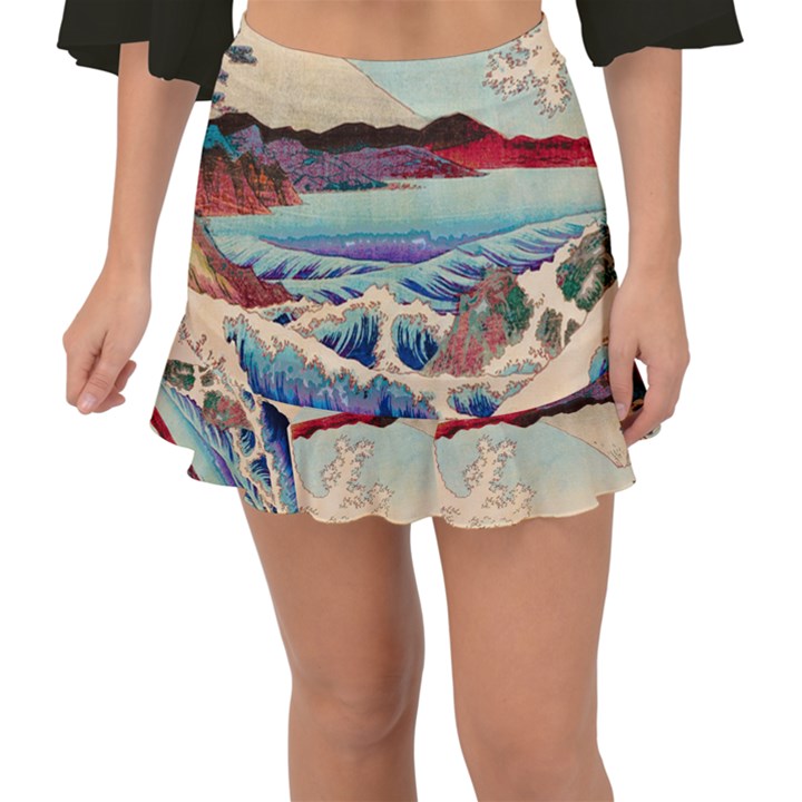 Wave Japanese Mount Fuji Woodblock Print Ocean Fishtail Mini Chiffon Skirt