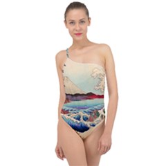 Wave Japanese Mount Fuji Woodblock Print Ocean Classic One Shoulder Swimsuit by Salman4z