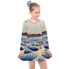 Wave Japanese Mount Fuji Woodblock Print Ocean Kids  Long Sleeve Dress