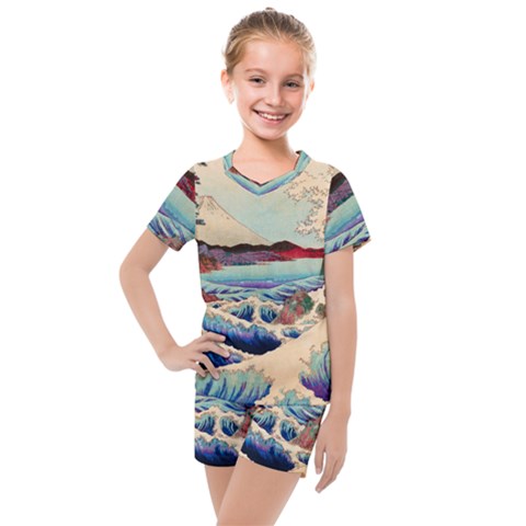 Wave Japanese Mount Fuji Woodblock Print Ocean Kids  Mesh Tee And Shorts Set by Salman4z