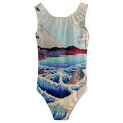 Wave Japanese Mount Fuji Woodblock Print Ocean Kids  Cut-out Back One Piece Swimsuit by Salman4z