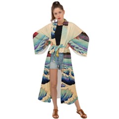 Wave Japanese Mount Fuji Woodblock Print Ocean Maxi Kimono by Salman4z