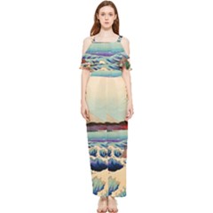 Wave Japanese Mount Fuji Woodblock Print Ocean Draped Sleeveless Chiffon Jumpsuit