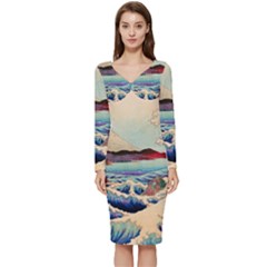 Wave Japanese Mount Fuji Woodblock Print Ocean Long Sleeve V-neck Bodycon Dress  by Salman4z