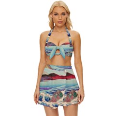 Wave Japanese Mount Fuji Woodblock Print Ocean Vintage Style Bikini Top And Skirt Set  by Salman4z