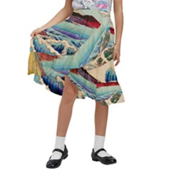 Wave Japanese Mount Fuji Woodblock Print Ocean Kids  Ruffle Flared Wrap Midi Skirt