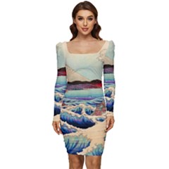 Wave Japanese Mount Fuji Woodblock Print Ocean Women Long Sleeve Ruched Stretch Jersey Dress by Salman4z