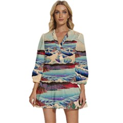 Wave Japanese Mount Fuji Woodblock Print Ocean V-neck Placket Mini Dress by Salman4z