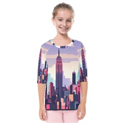 New York Skyline Cityscape Nyc New York City Landmark Kids  Quarter Sleeve Raglan Tee