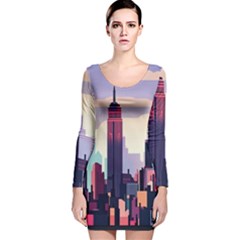 New York Skyline Cityscape Nyc New York City Landmark Long Sleeve Velvet Bodycon Dress