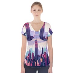 New York Skyline Cityscape Nyc New York City Landmark Short Sleeve Front Detail Top