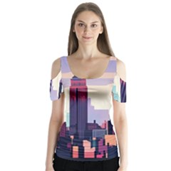 New York Skyline Cityscape Nyc New York City Landmark Butterfly Sleeve Cutout Tee 