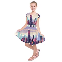 New York Skyline Cityscape Nyc New York City Landmark Kids  Short Sleeve Dress