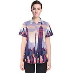 New York Skyline Cityscape Nyc New York City Landmark Women s Short Sleeve Shirt