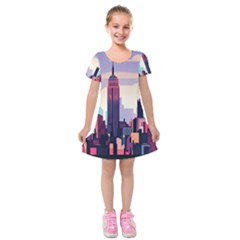 New York Skyline Cityscape Nyc New York City Landmark Kids  Short Sleeve Velvet Dress