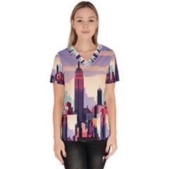 New York Skyline Cityscape Nyc New York City Landmark Women s V-neck Scrub Top