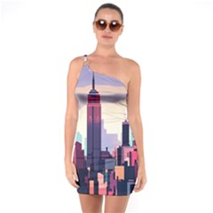 New York Skyline Cityscape Nyc New York City Landmark One Shoulder Ring Trim Bodycon Dress