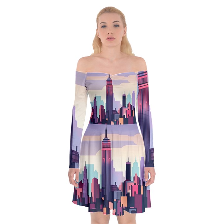 New York Skyline Cityscape Nyc New York City Landmark Off Shoulder Skater Dress