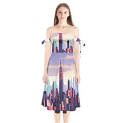 New York Skyline Cityscape Nyc New York City Landmark Shoulder Tie Bardot Midi Dress by Jancukart