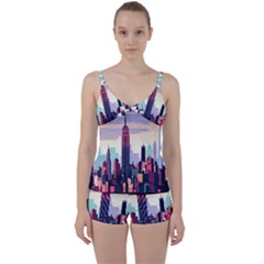 New York Skyline Cityscape Nyc New York City Landmark Tie Front Two Piece Tankini by Jancukart