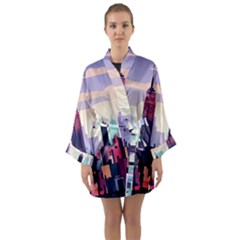 New York Skyline Cityscape Nyc New York City Landmark Long Sleeve Satin Kimono