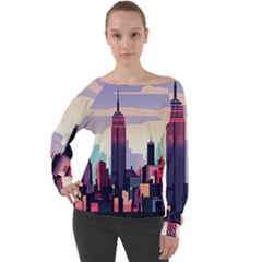 New York Skyline Cityscape Nyc New York City Landmark Off Shoulder Long Sleeve Velour Top by Jancukart