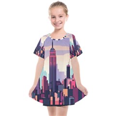 New York Skyline Cityscape Nyc New York City Landmark Kids  Smock Dress by Jancukart