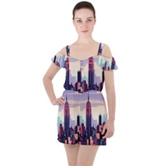 New York Skyline Cityscape Nyc New York City Landmark Ruffle Cut Out Chiffon Playsuit