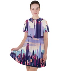 New York Skyline Cityscape Nyc New York City Landmark Short Sleeve Shoulder Cut Out Dress  by Jancukart