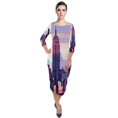 New York Skyline Cityscape Nyc New York City Landmark Quarter Sleeve Midi Velour Bodycon Dress