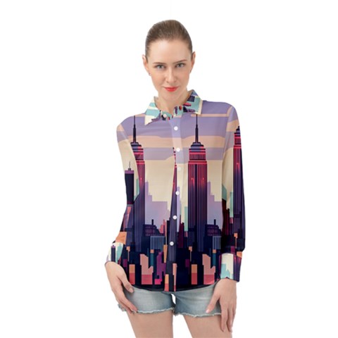 New York Skyline Cityscape Nyc New York City Landmark Long Sleeve Chiffon Shirt by Jancukart