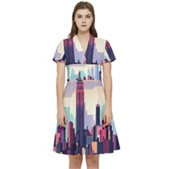 New York Skyline Cityscape Nyc New York City Landmark Short Sleeve Waist Detail Dress