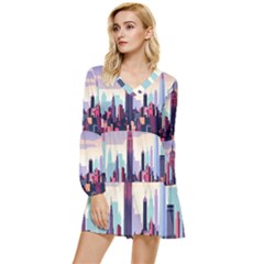 New York Skyline Cityscape Nyc New York City Landmark Tiered Long Sleeve Mini Dress