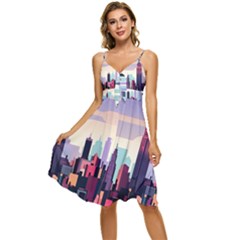 New York Skyline Cityscape Nyc New York City Landmark Sleeveless Tie Front Chiffon Dress