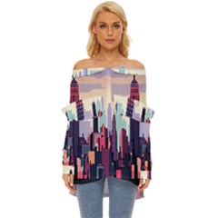 New York Skyline Cityscape Nyc New York City Landmark Off Shoulder Chiffon Pocket Shirt by Jancukart