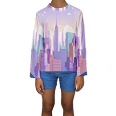 New York Skyline Cityscape Nyc New York City Kids  Long Sleeve Swimwear