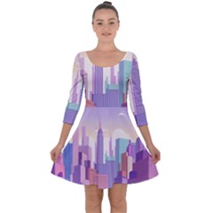 New York Skyline Cityscape Nyc New York City Quarter Sleeve Skater Dress