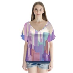 New York Skyline Cityscape Nyc New York City V-Neck Flutter Sleeve Top